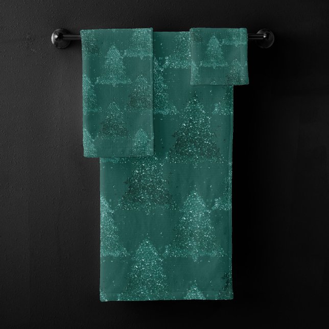 Moody Tree Pattern | Dark Midnight Teal Christmas Bath Towel Set (Creator Uploaded)