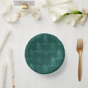 Moody Tree Pattern   Dark Midnight Teal Christmas Paper Plate