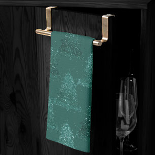Moody Tree Pattern   Dark Midnight Teal Christmas Tea Towel