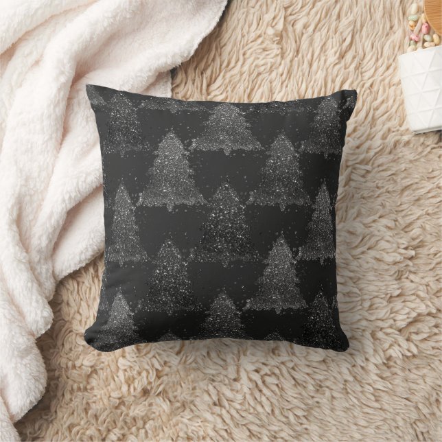 Moody Tree Pattern | Onyx Silvery Black Christmas Cushion (Blanket)