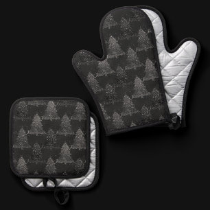 Moody Tree Pattern Onyx Silvery Black Christmas Oven Mitt & Pot Holder Set
