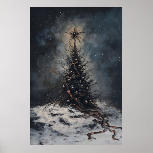 Moody Vintage Christmas Tree Art, Winter Dark Poster