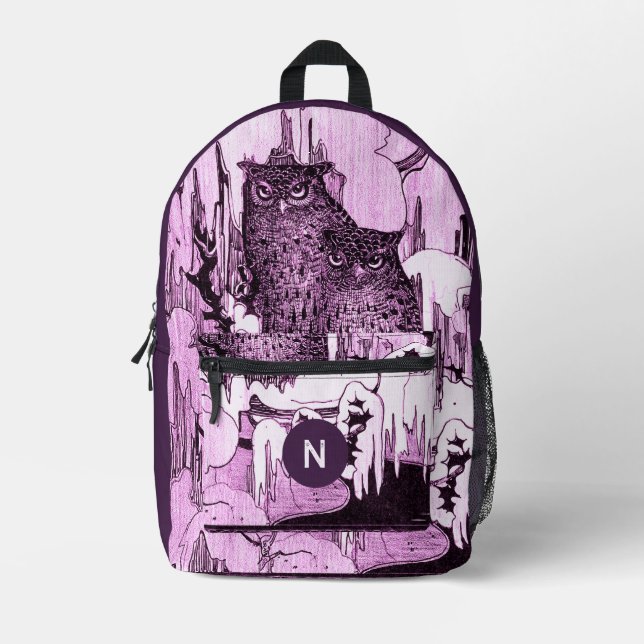 Moody Vintage Owls Plum Purple Monogram Printed Backpack (Front)