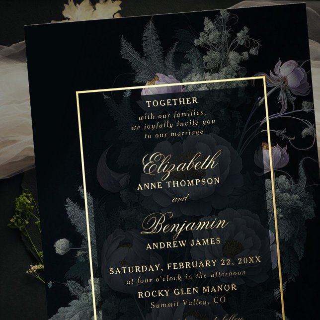 Moody Vintage Peony Floral Elegant Gold Wedding (moody floral wedding invitation modern vintage lilac peony black gold elegant classic formal)