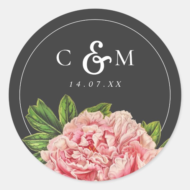Moody Vintage Pink Peony Wedding Classic Round Sticker (Front)