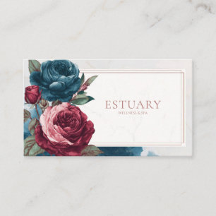 Moody Vintage Rose Floral Teal Blue Marble Business Card