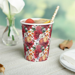 Moody Watercolor Amaryllis and Autumn Flowers Paper Cups