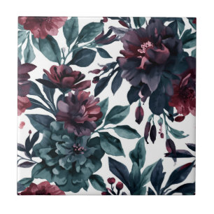 Moody Watercolor Botanical Blooms Floral Tile