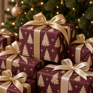 Moody Watercolor Cream Christmas Tree Burgundy  Wrapping Paper