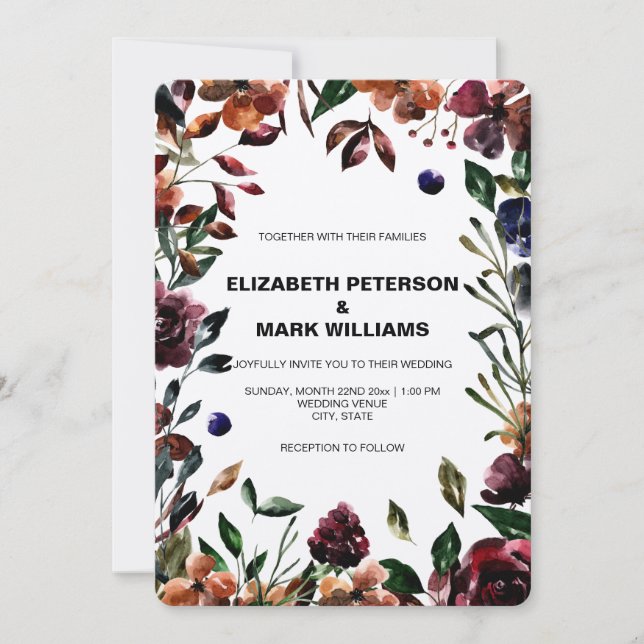 Moody Watercolor Florals Frame Wedding Invitation (Front)