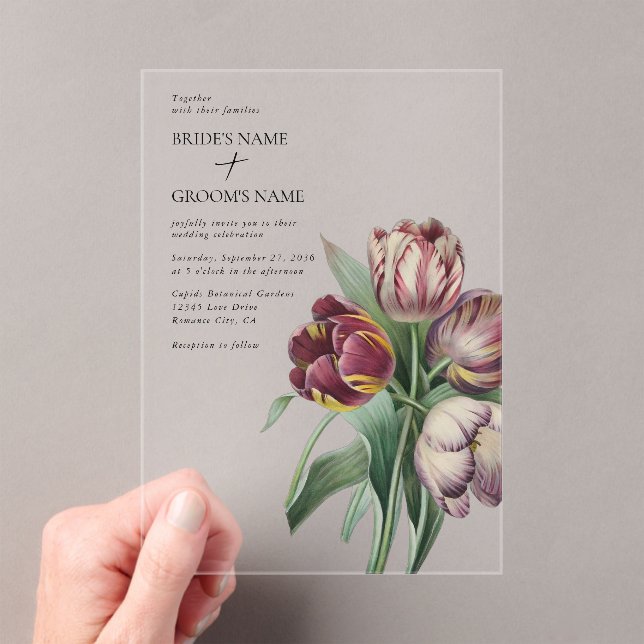 Moody Watercolor Purple Tulips Wedding Acrylic Invitations (Insitu (Handheld))