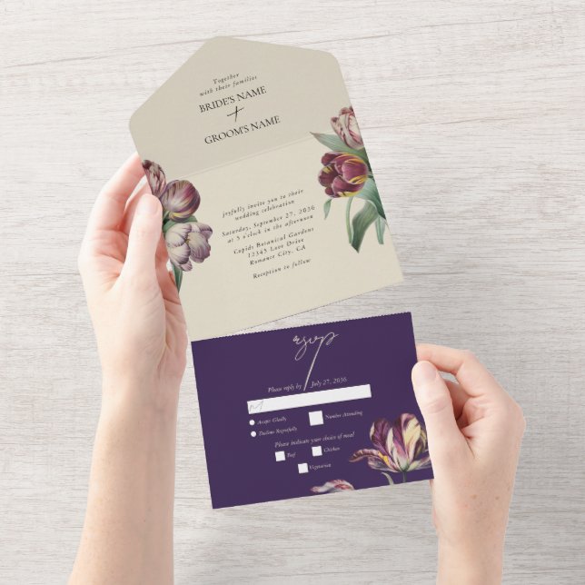 Moody Watercolor Purple Tulips Wedding All In One Invitation (Tearaway)