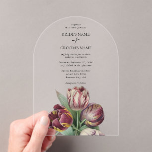 Moody Watercolor Purple Tulips Wedding Arch Acrylic Invitations