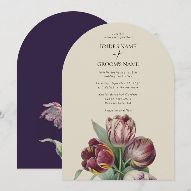 Moody Watercolor Purple Tulips Wedding Arch Invitation (Front/Back)