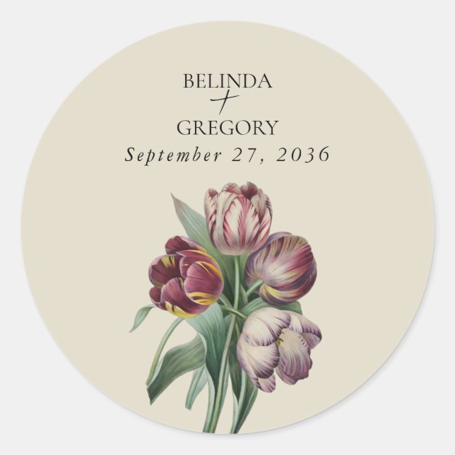 Moody Watercolor Purple Tulips Wedding Gift Classic Round Sticker (Front)
