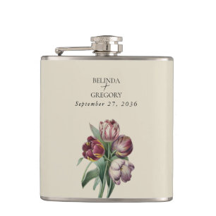 Moody Watercolor Purple Tulips Wedding Gift Hip Flask