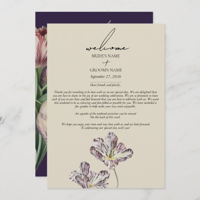 Moody Watercolor Purple Tulips Wedding Itinerary Programme (Front/Back)