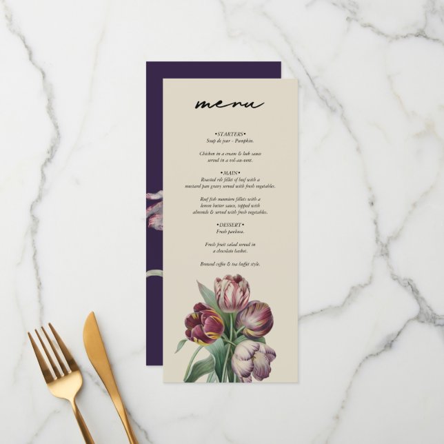Moody Watercolor Purple Tulips Wedding Menu (Front/Back In Situ)