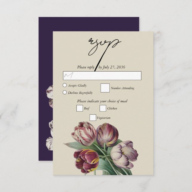 Moody Watercolor Purple Tulips Wedding RSVP Card (Front/Back)