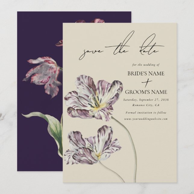 Moody Watercolor Purple Tulips Wedding Save The Date (Front/Back)
