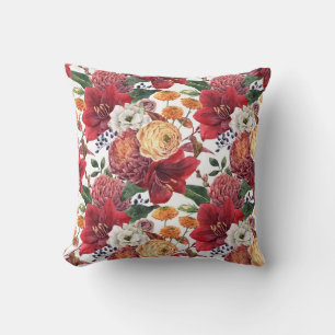 Moody Watercolor Red Amaryllis and Autumn Florals Cushion