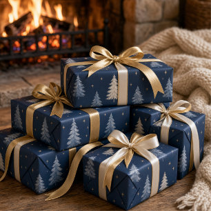 Moody Watercolor Winter Pine Tree Dark Navy Blue Wrapping Paper