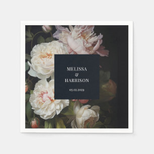 Moody White and Blush Peony Rose Floral Wedding Napkin