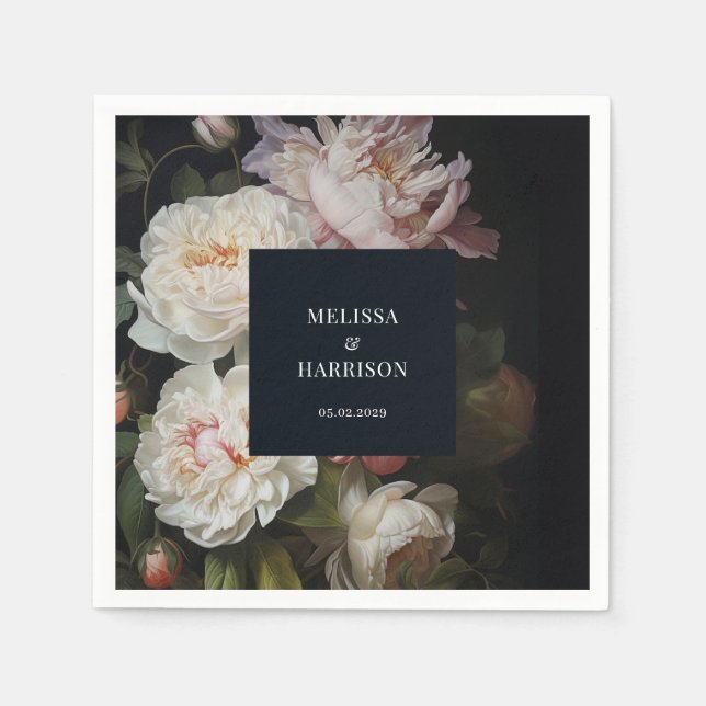 Moody White and Blush Peony Rose Floral Wedding Napkin (Front)
