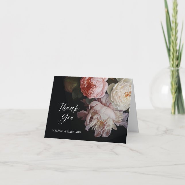 Moody White and Blush Peony Rose Floral Wedding Thank You Card (Front)