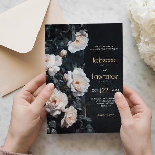 Moody white florals black wedding invitation
