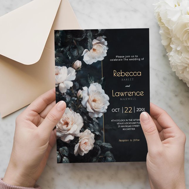 Moody white florals black wedding invitation (Creator Uploaded)