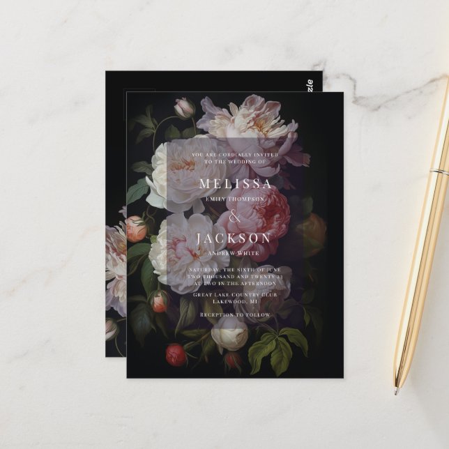 Moody White Peony  Wedding Arch Invitation Postcard (Front/Back In Situ)