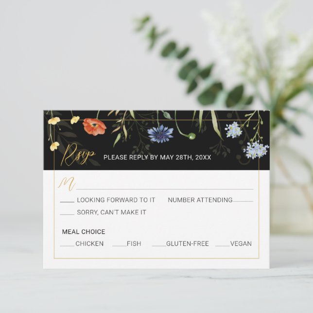 Moody Wildflower Boho Botanical Reply RSVP  Invitation (Standing Front)