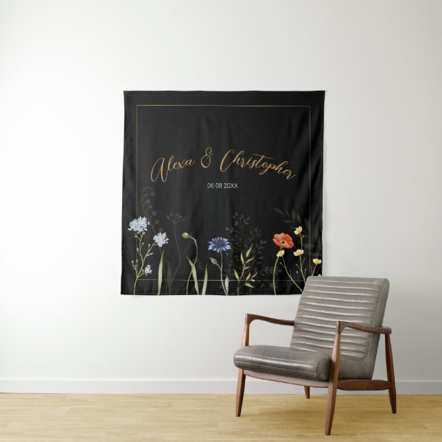 Moody Wildflower Boho Botanical Wedding Tapestry (In Situ)