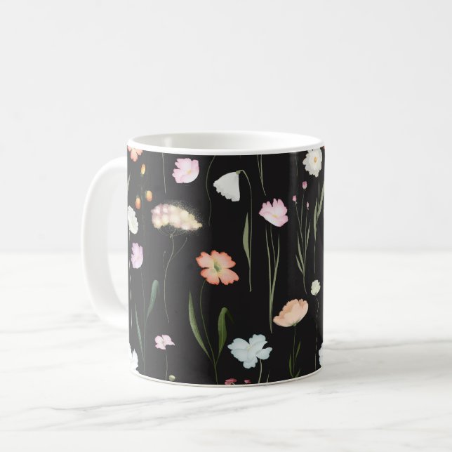 Moody Wildflowers Black Floral Pattern Coffee Mug (Front Left)