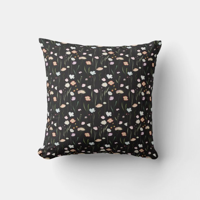 Moody Wildflowers Black Floral Pattern Cushion (Front)