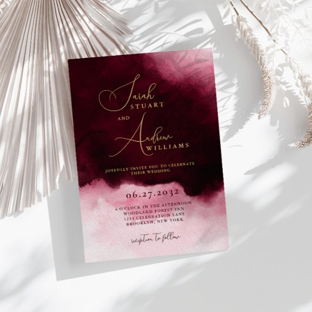 Moody Wine Red Watercolor Gold Script Wedding Invitation (Creator Uploaded)