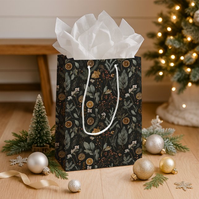 Moody Winter Botanical Christmas Holiday Medium Gift Bag (Creator Uploaded)
