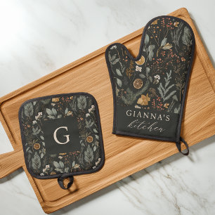 Moody Winter Botanical Personalized Oven Mitt & Pot Holder Set