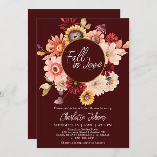 Moody Wreath Fall In Love Burgundy Bridal Shower Invitation