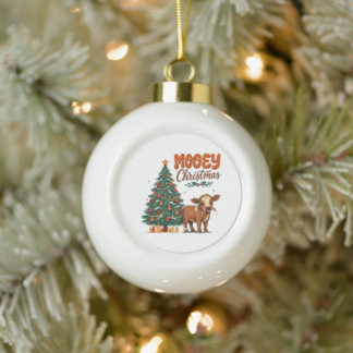 Mooey Christmas Baby Cow Moo Holding Candy Cane Ceramic Ball Christmas Ornament