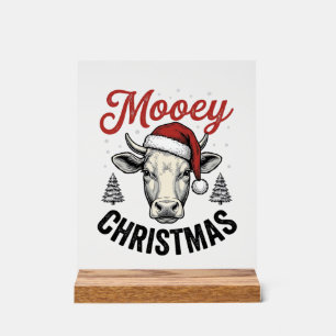 Mooey Christmas Cow Santa Hat Vintage Engraving De Acrylic Sign