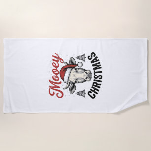 Mooey Christmas Cow Santa Hat Vintage Engraving De Beach Towel