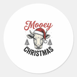 Mooey Christmas Cow Santa Hat Vintage Engraving De Classic Round Sticker