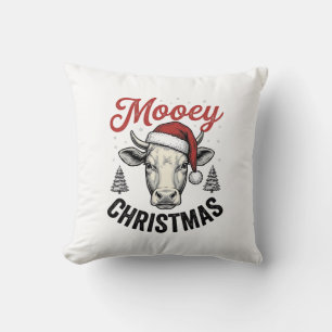 Mooey Christmas Cow Santa Hat Vintage Engraving De Cushion