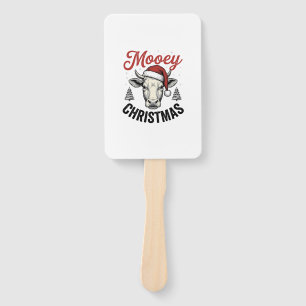 Mooey Christmas Cow Santa Hat Vintage Engraving De Hand Fan