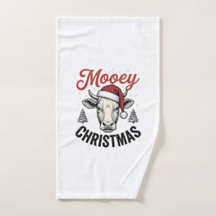 Mooey Christmas Cow Santa Hat Vintage Engraving De Hand Towel