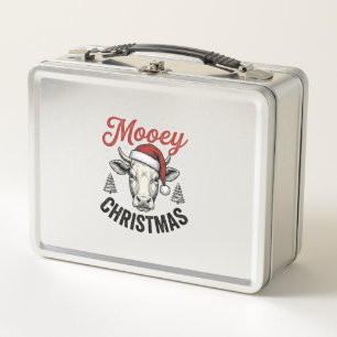Mooey Christmas Cow Santa Hat Vintage Engraving De Metal Lunch Box