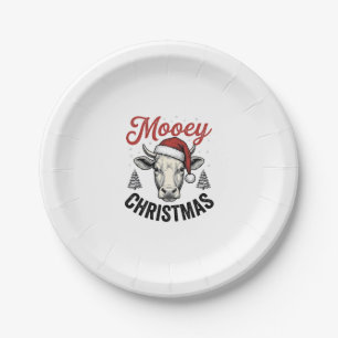 Mooey Christmas Cow Santa Hat Vintage Engraving De Paper Plate