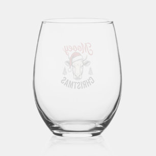 Mooey Christmas Cow Santa Hat Vintage Engraving De Stemless Wine Glass